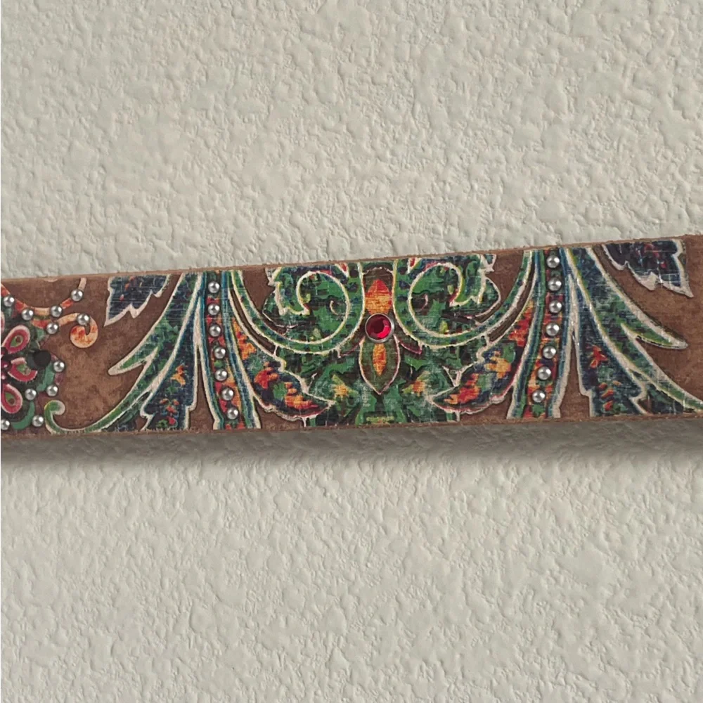 Noona Belt Co. Genuine leather bling rhinestones embroidery belt size S brown